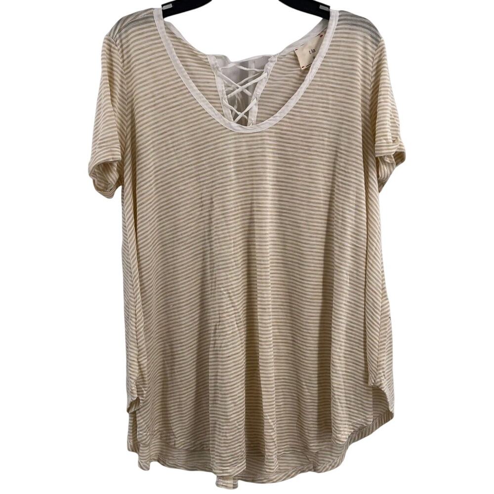 Anthropologie T.la Beige Stripe Short Sleeve Tee Lace Up Back